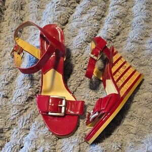 Michael Kors Vibrant Red Wedges with Striped Heel